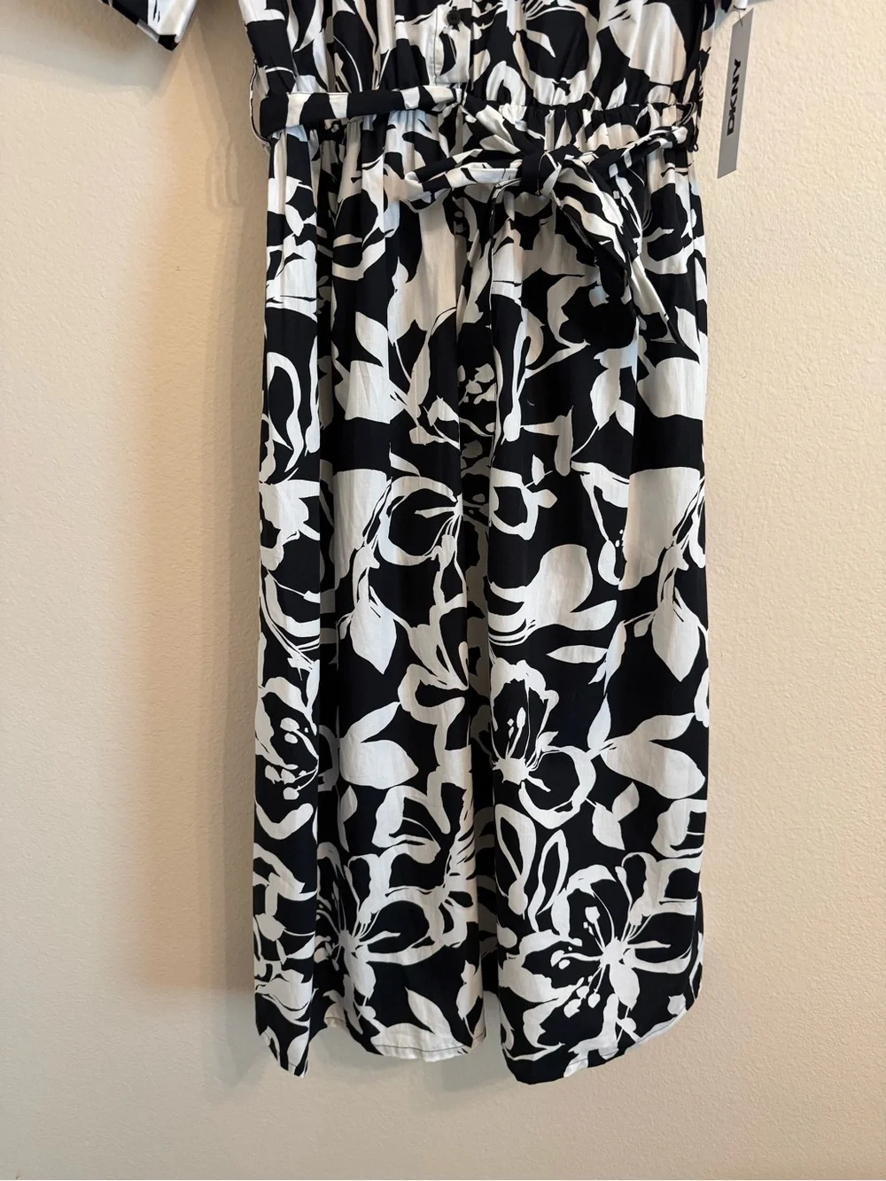 DKNY Elbow Sleeve Collared Neck Button-Front Belted Floral Midi Shirt dress